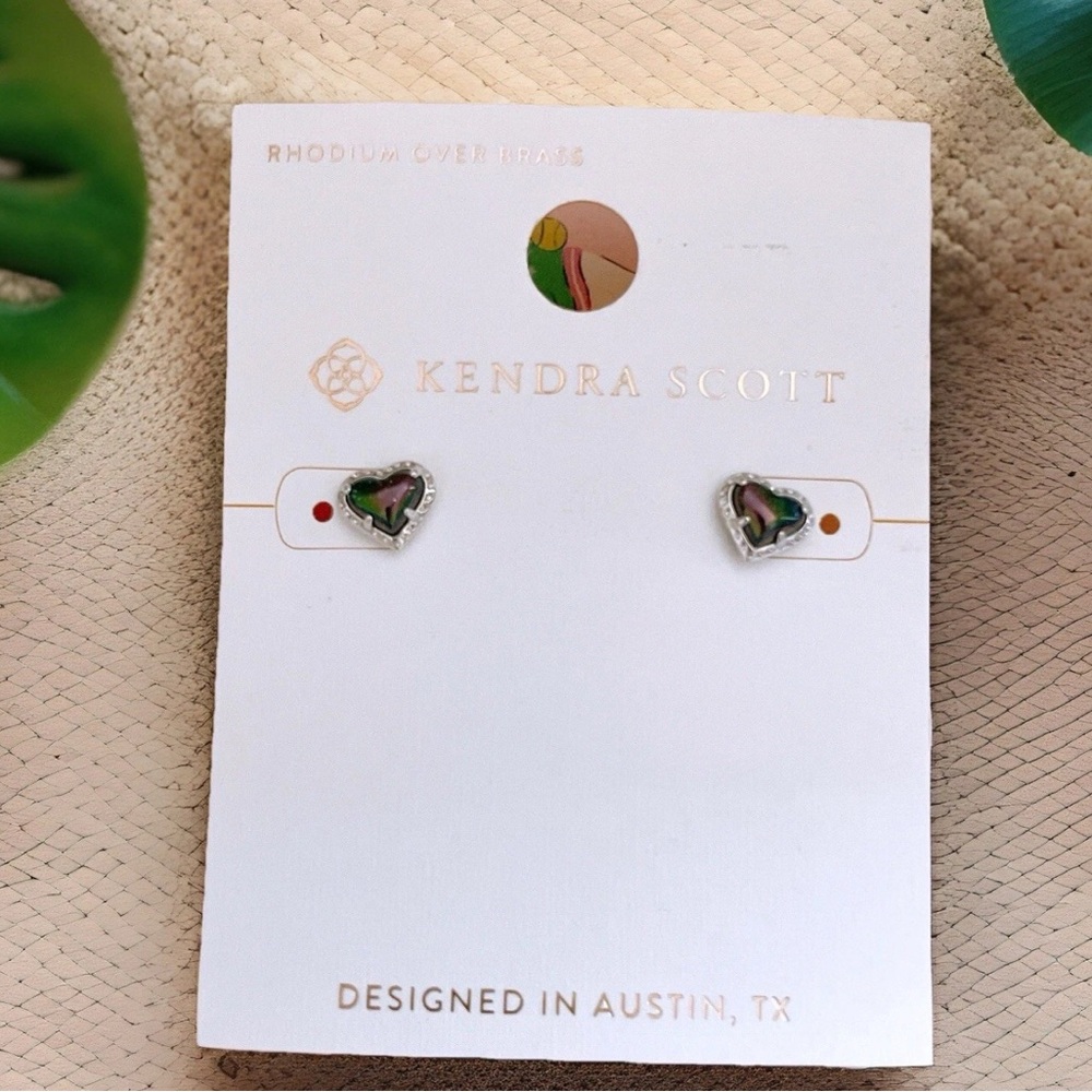 Kendra Scott Anna Heart Stud Earrings Navy Iridescent Rhodium Silver Tone NWT - Picture 6 of 7